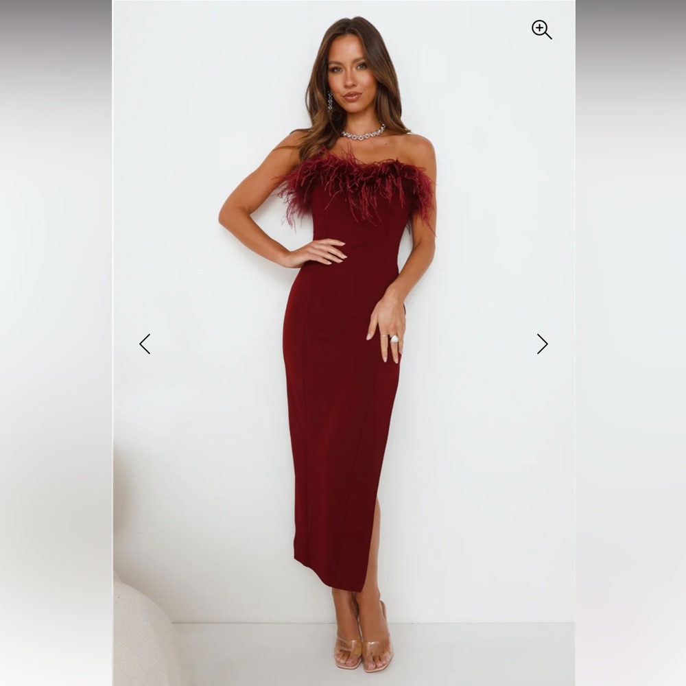 Hello Molly Valentina Dress Wine Midi Feather Dress